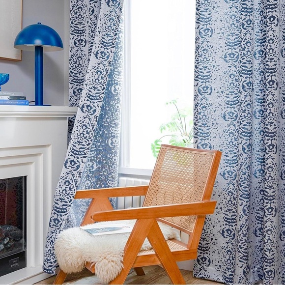 Navy and Silver Damask Medallion Curtains 54”Wx95”L, 2 Panels - Picture 2 of 8